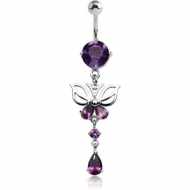 RHODIUM PLATED BRASS JEWELLED NAVEL BANANA WITH DANGLING CHARM - BUTTERFLY PIERCING