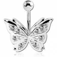 RHODIUM PLATED BRASS VALUE JEWELLED NAVEL BANANA - BUTTERFLY PIERCING
