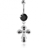 SURGICAL STEEL JEWELLED NAVEL BANANA WITH DANGLING CHARM - CROSS PIERCING