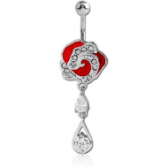 RHODIUM PLATED BRASS JEWELLED FLOWER NAVEL BANANA WITH ENAMEL - DROP PIERCING