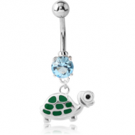 RHODIUM PLATED BRASS JEWELLED NAVEL BANANA WITH DANGLING CHARM - TURTLE PIERCING
