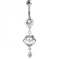 RHODIUM PLATED BRASS HEART JEWELLED NAVEL BANANA WITH DANGLING CHARM - HEART AND DROP PIERCING