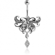 RHODIUM PLATED BRASS TRIBLE JEWELLED NAVEL BANANA WITH DANGLING CHARM - RHOMBUS PIERCING