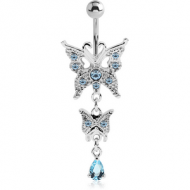 RHODIUM PLATED BRASS JEWELLED NAVEL BANANA WITH DANGLING CHARM - BUTTERFLY PIERCING