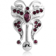 RHODIUM PLATED BRASS CRYSTALINE JEWELLED REVERSE NAVEL BANANA - BUTTERFLY