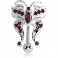 RHODIUM PLATED BRASS CRYSTALINE JEWELLED REVERSE NAVEL BANANA - BUTTERFLY PIERCING