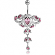 RHODIUM PLATED BRASS CRYSTALINE JEWELLED NAVEL BANANA - DROPS PIERCING