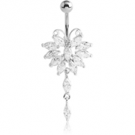 RHODIUM PLATED BRASS JEWELLED NAVEL BANANA WITH DANGLING CHARM - BUTTERFLY PIERCING