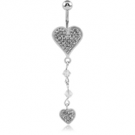 RHODIUM PLATED BRASS VALUE CRYSTALINE JEWELLED HEART NAVEL BANANA WITH DANGLING CHARM - HEART PIERCING