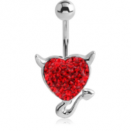 RHODIUM PLATED BRASS VALUE CRYSTALINE JEWELLED NAVEL BANANA - DEVIL HEART PIERCING