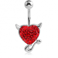 RHODIUM PLATED BRASS VALUE CRYSTALINE JEWELLED NAVEL BANANA - DEVIL HEART