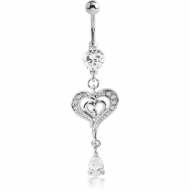 RHODIUM PLATED BRASS JEWELLED NAVEL BANANA WITH DANGLING CHARM - HEART PIERCING