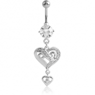 RHODIUM PLATED BRASS JEWELLED NAVEL BANANA WITH DANGLING CHARM - HEART