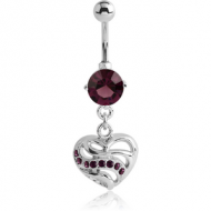 RHODIUM PLATED BRASS JEWELLED NAVEL BANANA WITH DANGLING CHARM - HEART PIERCING