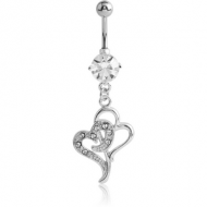 RHODIUM PLATED BRASS JEWELLED NAVEL BANANA WITH DANGLING CHARM - DOUBLE HEART
