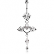 RHODIUM PLATED BRASS JEWELLED NAVEL BANANA WITH DANGLING CHARM - WINGED HEART PIERCING