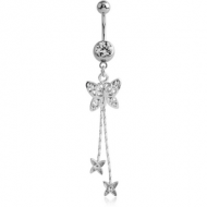 SURGICAL STEEL JEWELLED NAVEL BANANA WITH DANGLING CHARM - BUTTERFLY PIERCING
