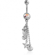 RHODIUM PLATED BRASS JEWELLED NAVEL BANANA WITH DANGLING CHARM - SEA ANIMALS PIERCING