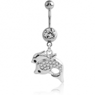 RHODIUM PLATED BRASS JEWELLED NAVEL BANANA WITH DANGLING CHARM - DOLPHINS PIERCING