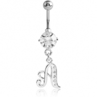 RHODIUM PLATED BRASS PRONG SET JEWELLED NAVEL BANANA WITH CRYSTALINE DANGLING CHARM - A PIERCING