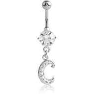 RHODIUM PLATED BRASS PRONG SET JEWELLED NAVEL BANANA WITH CRYSTALINE DANGLING CHARM - C PIERCING