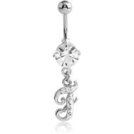 RHODIUM PLATED BRASS PRONG SET JEWELLED NAVEL BANANA WITH CRYSTALINE DANGLING CHARM - F PIERCING