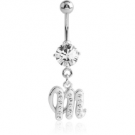 RHODIUM PLATED BRASS PRONG SET JEWELLED NAVEL BANANA WITH CRYSTALINE DANGLING CHARM - M PIERCING