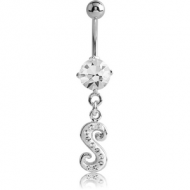 RHODIUM PLATED BRASS PRONG SET JEWELLED NAVEL BANANA WITH CRYSTALINE DANGLING CHARM - S PIERCING
