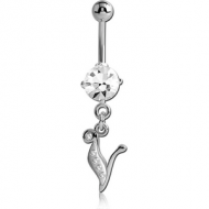 RHODIUM PLATED BRASS PRONG SET JEWELLED NAVEL BANANA WITH CRYSTALINE DANGLING CHARM - V PIERCING