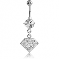 RHODIUM PLATED BRASS PRONG SET JEWELLED NAVEL BANANA WITH CRYSTALINE DANGLING CHARM - DIAMOND PIERCING