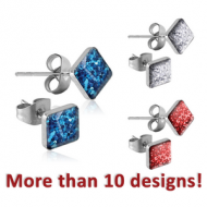 SURGICAL STEEL SQUARE CUP GLITTERLINE EAR STUDS PAIR