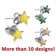 SURGICAL STEEL STAR CUP GLITTERLINE EAR STUDS PAIR