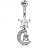 RHODIUM PLATED DOUBLE JEWELLED STAR FASHION NAVEL BANANA WITH MOON CHARM PIERCING