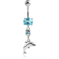 RHODIUM PLATED JEWELLED FASHION NAVEL BANANA WITH DOLPHIN DANGLING CHARM PIERCING