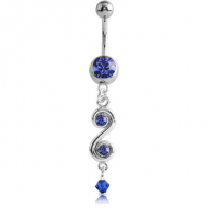 RHODIUM PLATED JEWELLED NAVEL BANANA WITH DANGLING CHARM PIERCING