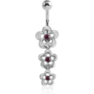 RHODIUM PLATED JEWELLED FLOWER FASHION DANGLE NAVEL BANANA PIERCING