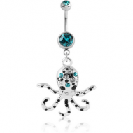 RHODIUM PLATED DOUBLE JEWELLED NAVEL BANANA WITH OCTOPUS CHARM PIERCING