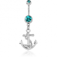 RHODIUM PLATED DOUBLE JEWELLED NAVEL BANANA WITH ANCHOR CHARM PIERCING