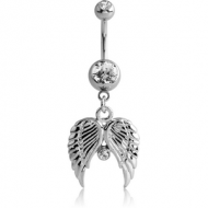 RHODIUM PLATED DOUBLE JEWELLED NAVEL BANANA WITH WINGS CHARM PIERCING