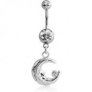 RHODIUM PLATED DOUBLE JEWELLED NAVEL BANANA WITH MOON CHARM PIERCING