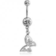 RHODIUM PLATED DOUBLE JEWELLED NAVEL BANANA WITH BUTTERFLY CHARM PIERCING