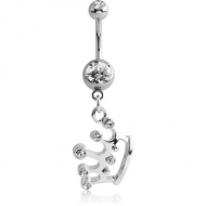 RHODIUM PLATED DOUBLE JEWELLED NAVEL BANANA WITH CROWN CHARM PIERCING