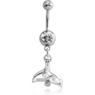 RHODIUM PLATED DOUBLE JEWELLED NAVEL BANANA WITH TAIL FIN CHARM PIERCING