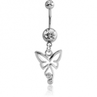 RHODIUM PLATED DOUBLE JEWELLED NAVEL BANANA WITH BUTTERFLY CHARM PIERCING