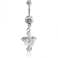 RHODIUM PLATED DOUBLE JEWELLED NAVEL BANANA WITH CROSS CHARM PIERCING
