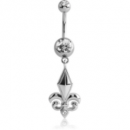 RHODIUM PLATED DOUBLE JEWELLED NAVEL BANANA WITH FLEUR DE LIS CHARM PIERCING