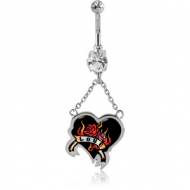 RHODIUM PLATED DOUBLE JEWELLED NAVEL BANANA WITH HEART PICTURE CHARM PIERCING
