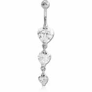 SURGICAL STEEL TRIPLE HEART CZ DOUBLE JEWELLED DANGLE NAVEL BANANA PIERCING