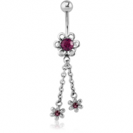SURGICAL STEEL JEWELLED NAVEL BANANA WITH DANGLING FLOWERS PIERCING