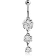SURGICAL STEEL TRIPLE ROUND CZ JEWELLED WITH DANGLING NAVEL BANANA PIERCING